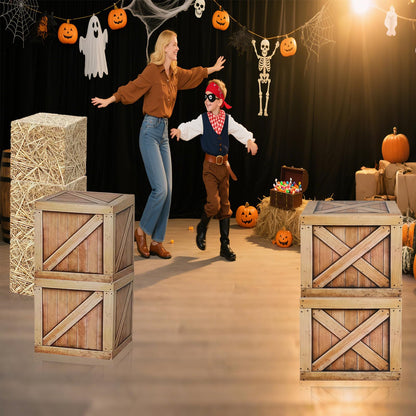 Zeivvnef 7 Pcs Hay Bales Cardboard Boxes Set Western Cowboy Party Decorations - Pirate Party Decorations, Western Wooden Grain Boxes, Fake Hay Photo Booth Props Straw Boxes for Fall Harvest Halloween