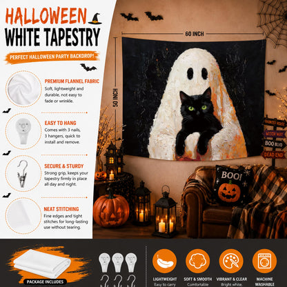 YTRG Spook Ghost Black Cat Tapestry, Halloween Tapestries Wall Hanging for Bedroom, Cat Ghost Tapestry Wall Decor Backdrop for Living Room Home, Black Cats Gifts for Women Girls Men, 50x60 Inch