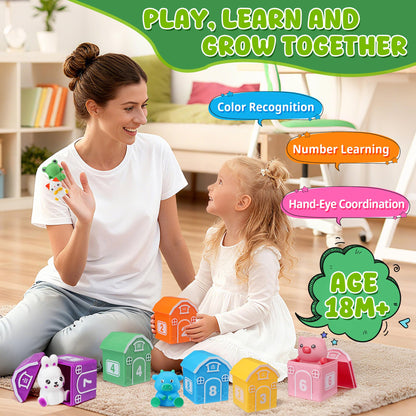 Montessori Toys for Toddlers, 20Pcs Farm Animal Toy Counting, Matching, Sorting Preschool Learning Toy Barn Toy including 10 Barns,10 Finger Puppets and 2 Stickers Birthday Gift Baby Boys Girls