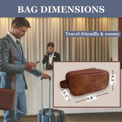 Time Dime Premium Men’s Toiletry Bag with Drawstring Pouch – Durable Water-Resistant Leather-Look Travel Organizer for Shaving, Grooming & Hygiene Essentials (Chestnut Brown)