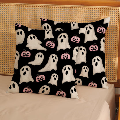 Halloween Pillow Covers 18x18 Inch Set of Black Pink Ghost Pumpkin Throw Pillow Covers Outdoor Decor,Autumn Halloween Decoration Ghost Farmhouse Linen Decorative Cushion Cover for Sofa Couch