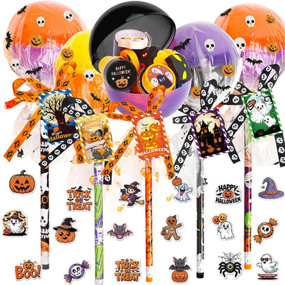 134Pcs Halloween Party Favors Gift Trick or Treat Container, Giant Lollipop with Gift Cards Pencils Stickers Erasers Stampers Bags Ribbons for Classroom School Exchange Party Favors