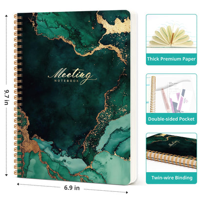 Meeting Notebook for Work Organization - Work notebook with action items, Meeting Minutes Planner Notebook, Perfect Office Supplies for Men & Women - Emerald Drift