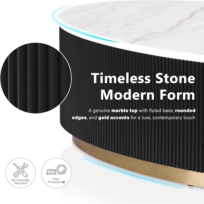 Furniture of America Beryl Modern Oval White Genuine Marble Top Coffee Table with Fluted Pedestal Base and Gold Stainless Steel Accent, Low Profile Table for Living Room, Home Office, Black