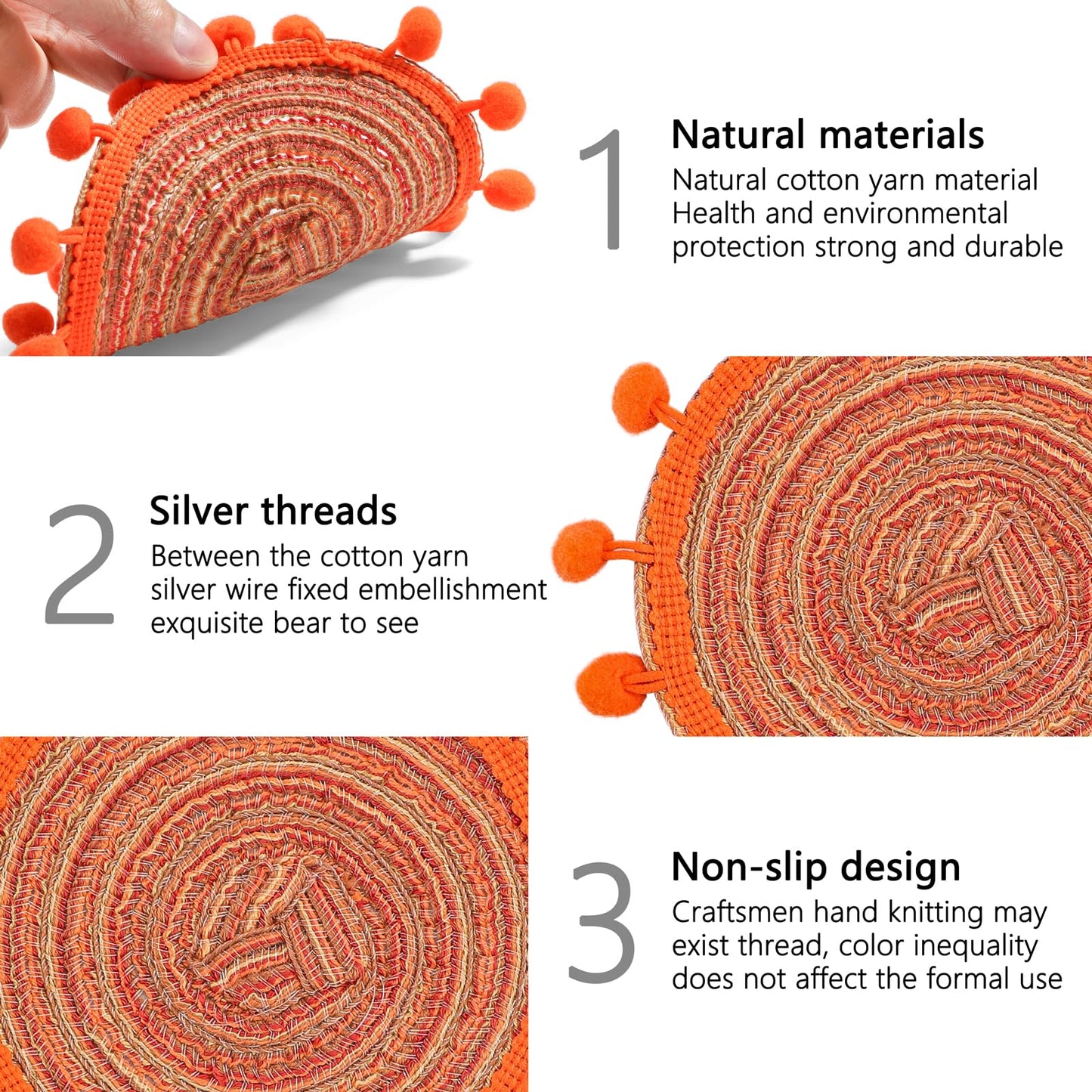 Drink Coaster Set of 6 Cotton Woven Coaster,Desktop Decoration Accessories Coasters, Table Coasters for Coffee Bar, 5.2 Inches (Orange)