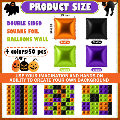 Charnoel 50 Pcs Halloween Balloon Garland Arch Kit Black Orange Green Purple Double Sided Square Foil Balloons Wall Backdrop 19 Inches Tunnel Kit for Halloween Party Background Classroom Decorations