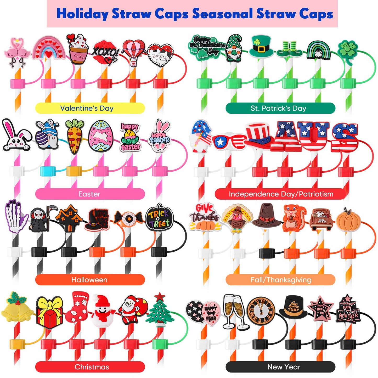 Ninehaoou 48 Pcs Holiday Straw Toppers Silicone Cute Straw Cover Cap Tumbler Reusable Drinking Cover Lid Topper Protector for Christmas Halloween Easter Independence Day St Patrick's Day
