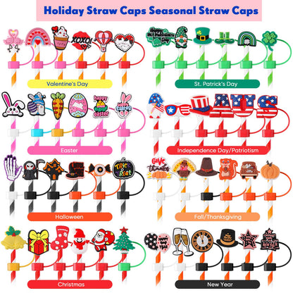 Ninehaoou 48 Pcs Holiday Straw Toppers Silicone Cute Straw Cover Cap Tumbler Reusable Drinking Cover Lid Topper Protector for Christmas Halloween Easter Independence Day St Patrick's Day