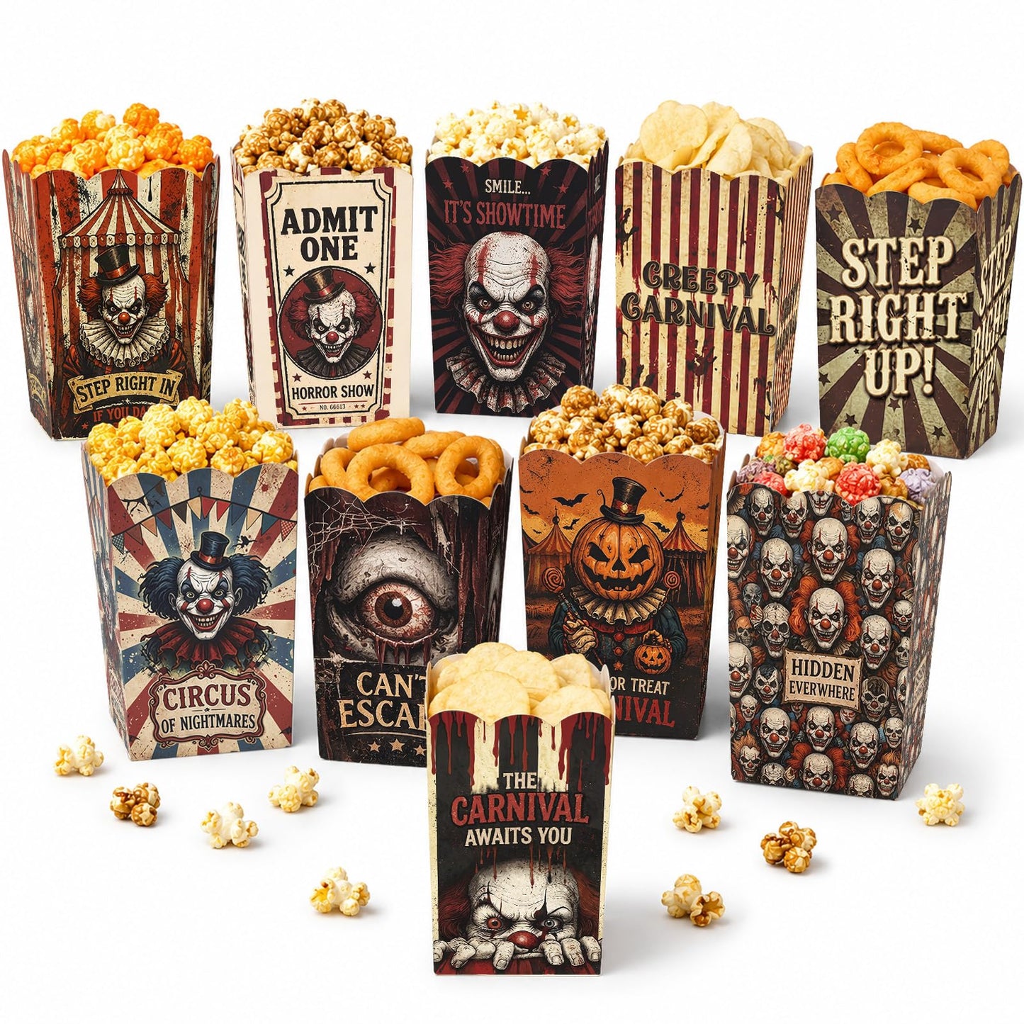 100 Pcs 10 Styles Halloween Creepy Clown Popcorn Boxes Cardboard Popcorn Bags Snack Boxes Spooky Treat Bags for Candy Biscuits Party Favors Halloween Movie Night Supplies Party Supplies