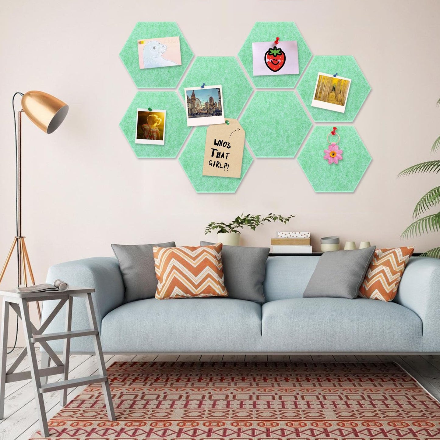 8 Packs Light Green Hexagon Felt Pin Board, 12" Bulletin Board with 30 Push Pins, Felt Board for Home Kitchen Office Decor, Self-Adhesive Corkboard Tiles for Walls Message Photos Memos Display