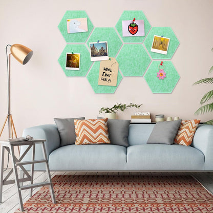 8 Packs Light Green Hexagon Felt Pin Board, 12" Bulletin Board with 30 Push Pins, Felt Board for Home Kitchen Office Decor, Self-Adhesive Corkboard Tiles for Walls Message Photos Memos Display