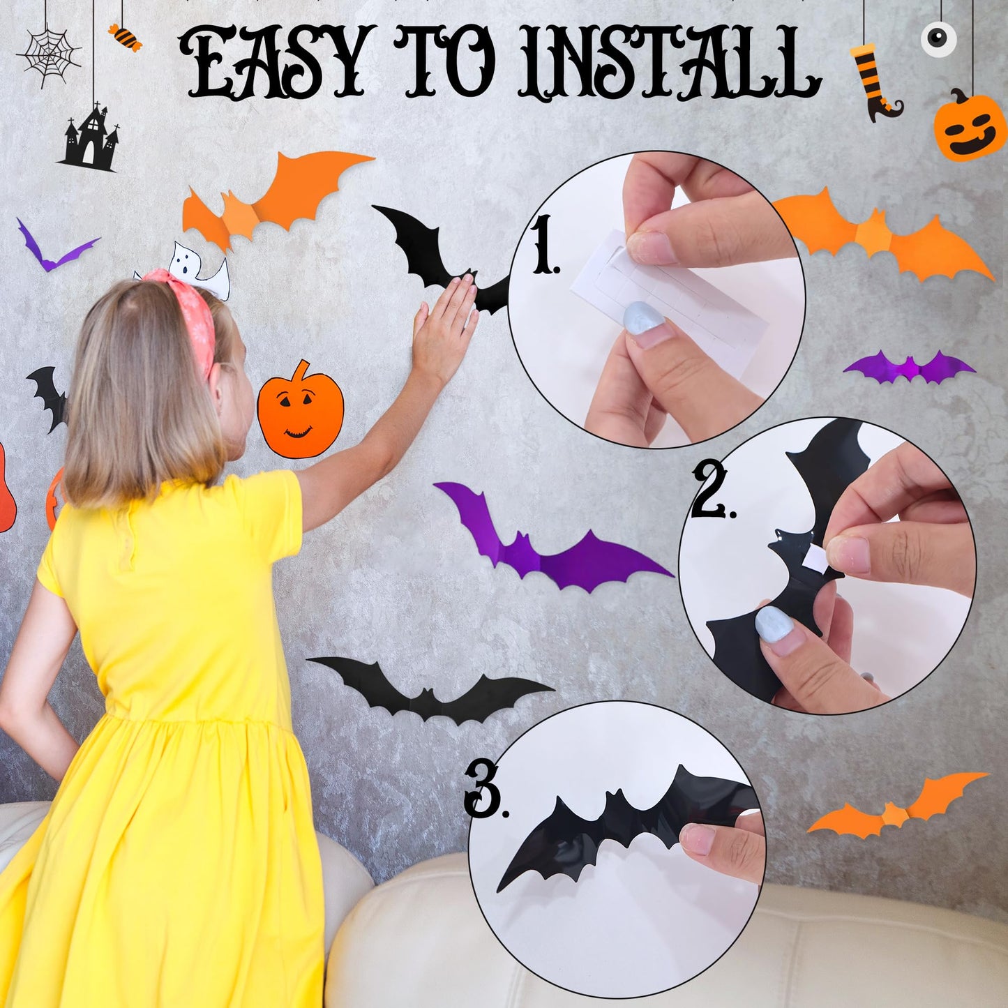 Trgowaul Happy Halloween Decorations Set, 48pcs Halloween Party Supplies, Banner, Paper Fans, Ppaper Lanterns, 3D Bat Sticker, Spider Cobweb Table Cover Fireplace Decor KIt