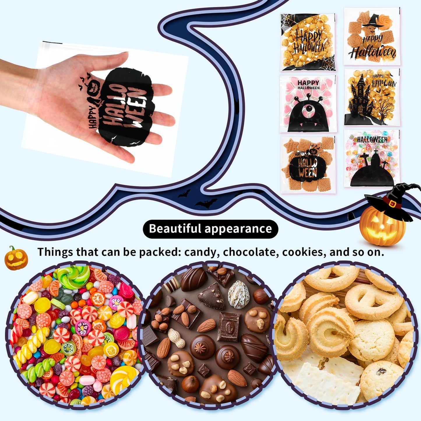 Gersoniel 300 Pcs Halloween Cookie Treat Bags 5.9 x 5.9 Inch Happy Halloween Self-adhesive Cellophane Candy Goodie Bags for Party Favors DIY Supplies