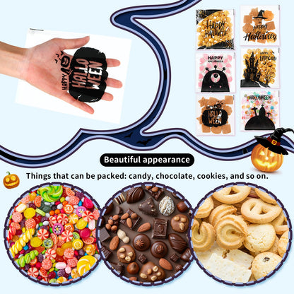 Gersoniel 300 Pcs Halloween Cookie Treat Bags 5.9 x 5.9 Inch Happy Halloween Self-adhesive Cellophane Candy Goodie Bags for Party Favors DIY Supplies