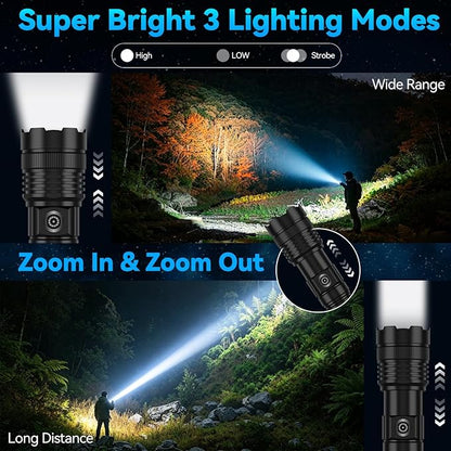 Rechargeable Flashlights High Lumens, Super Bright Tactical Flashlight 3 Modes with Power Display, Waterproof Zoomable LED Flash Light for Home Emergencies Camping Hiking