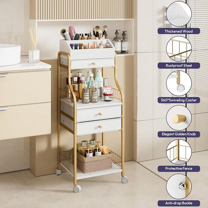 SWTYMIKI Rolling Makeup Organizer Cart - Floor Skincare Storage with Non-woven Drawers, Vanity Organizer Cosmetic Display Cases with Wheels, Cabinet for Skin Care Perfume Nail Polish Brush Hair Tool