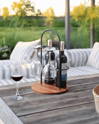 Wine Bottle and Glass Holder for Countertop | Small Wine Rack for 2 Bottles & 2 Glasses | Modern Tabletop Wine Storage with Round Wood Base | Freestanding Wine Stand & Caddy for Home Bar (Black)