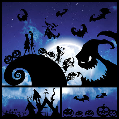 Feuid Gniea 7Pcs Jack and Sally Window Clings Sticker Pumpkin Halloween Jack and Sally Christmas Cartoon Skull Electrostatic Stickers for Christmas Party Decoration Window Glass Mirror Decor Decals