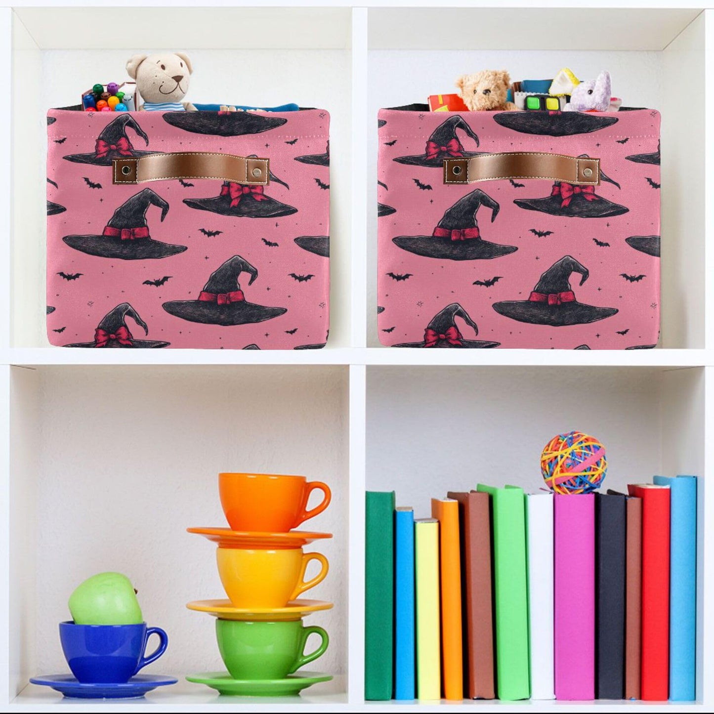 Wamika Halloween Witch Hat Storage Basket with Waterproof Liner and PU Handles Pink Bow Bowknot Bat Storage Bins Boxes 14.2" Collapsible Decorative Organizer Baskets for Bedroom Closet Office 1 Pack