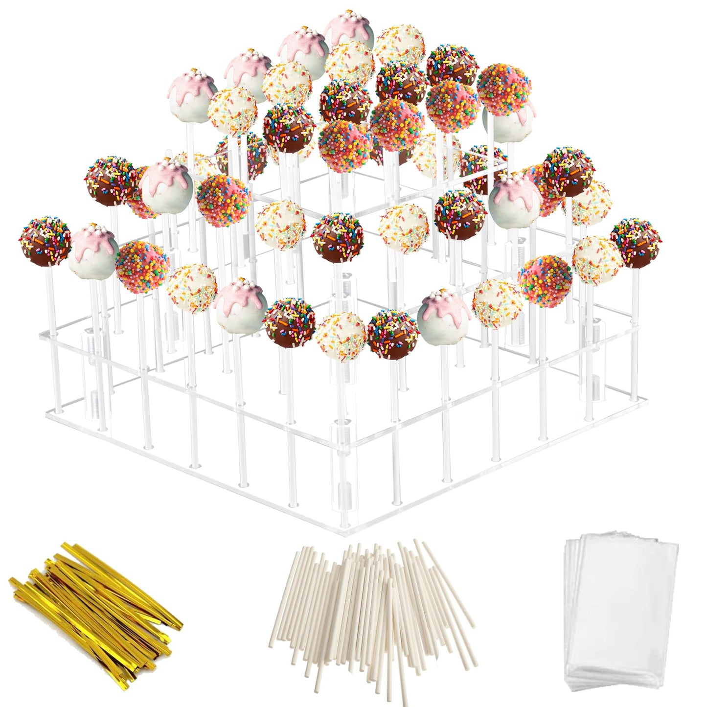 LoveDisplay Cake Pop Stand, 3 Tier Square Lollipop Holder with 300 Pcs Accessories, Clear Acrylic Cakepop Display Stand 56 Holes for Birthday, Wedding, Party, Halloween, Christmas Candy Decorative