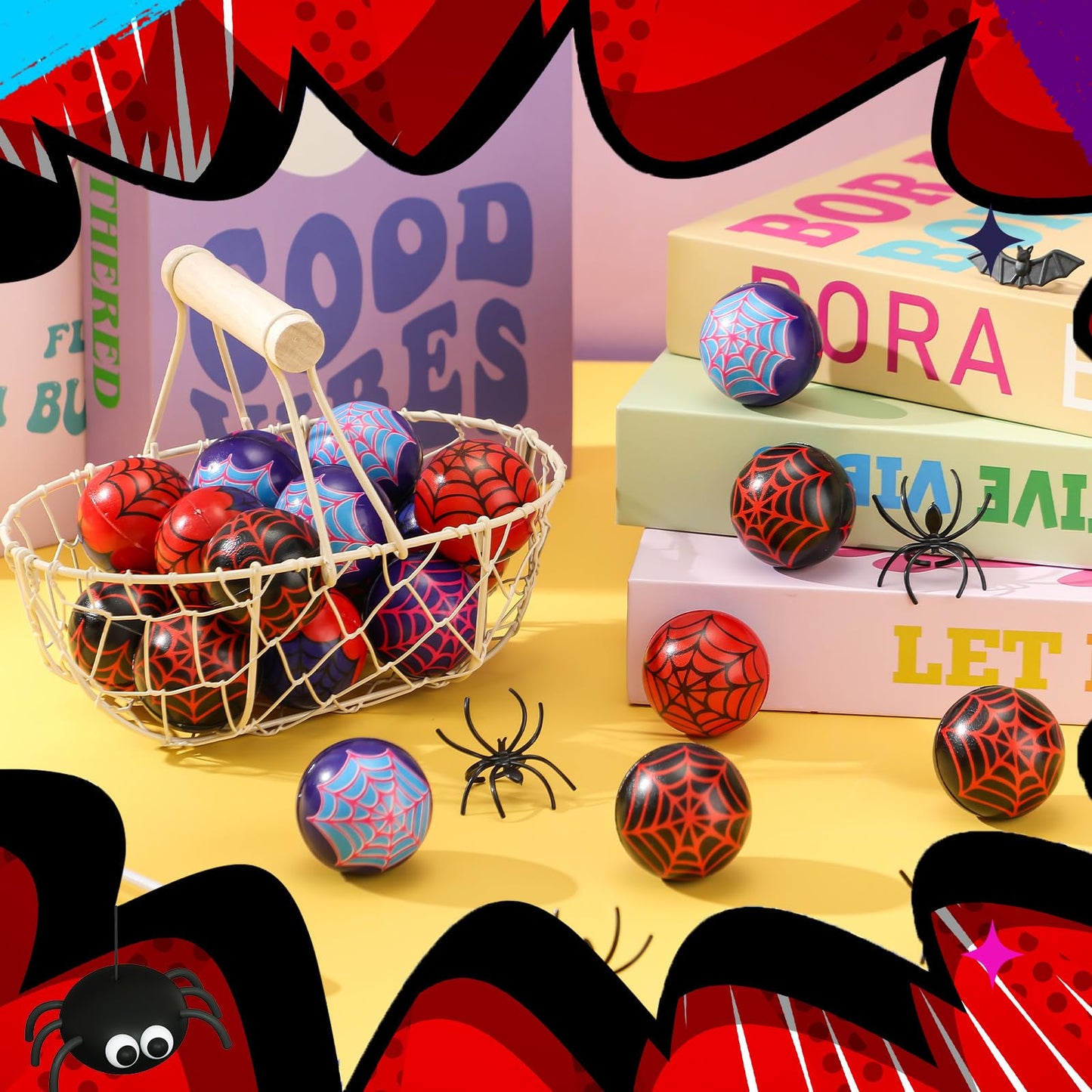 Civaner 24 Pcs Spider Party Favor, Spider Web Stress Ball Sensory Fidget Toys for Kids Birthday Decoration Game Supplies Goodie Bags Stuffers Back to School Classroom Gifts (3 Style,1.57'')