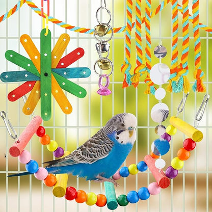 QUOZUO 8 pcs Bird Toys for Parakeets with Colorful Ladder Hammock Bird Cage Accessories Bird Perch Stand Chewing Toys Hanging Bell Parrot
