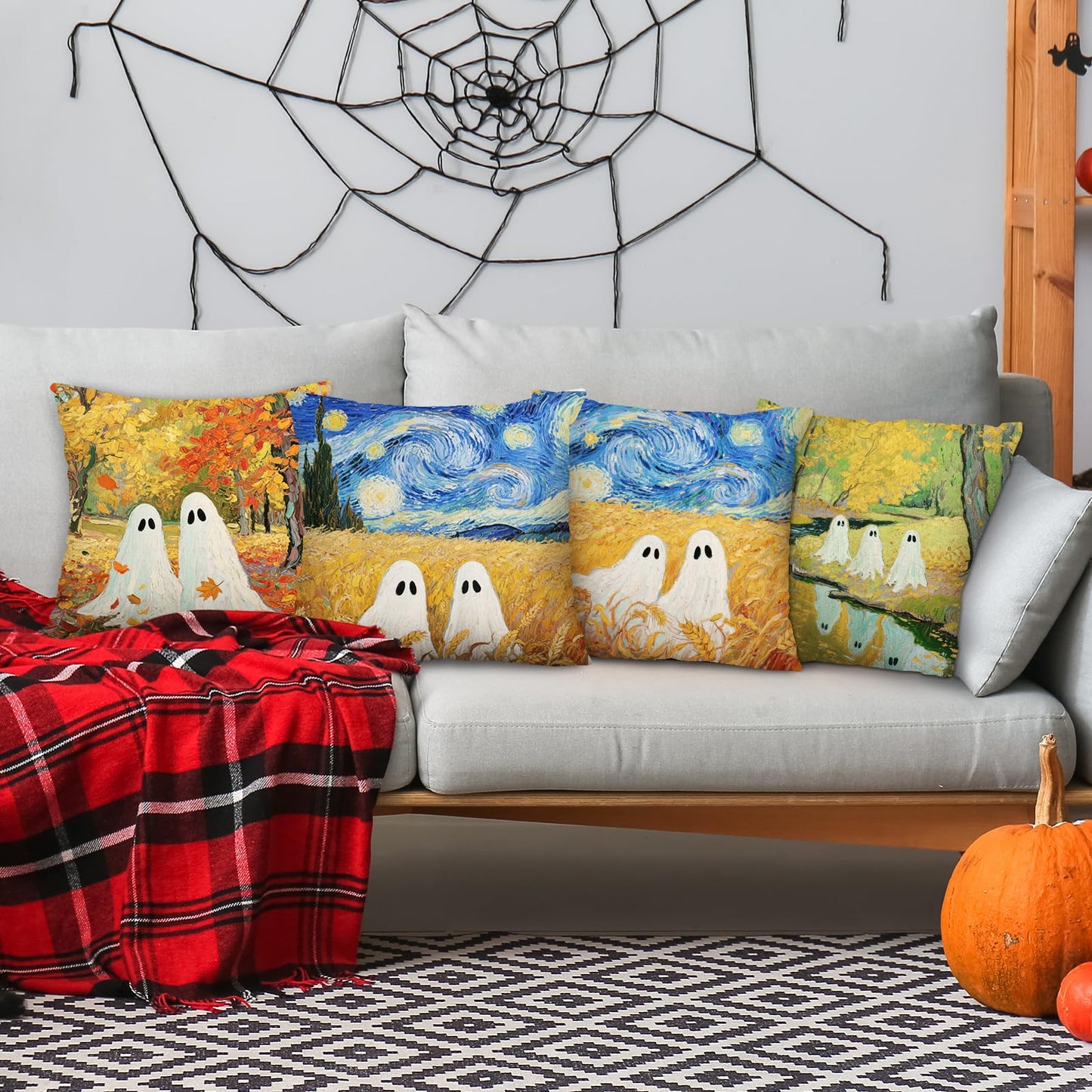 Whaline 4Pcs Halloween Pillow Covers Van Gogh Ghost Starry Sky Throw Pillow Case Decorative Cushion Cover for Sofa Couch Bed Home Office, 18 x 18 Inch