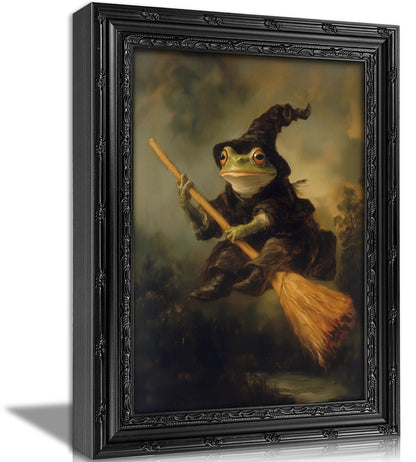 KKP Vintage Frog Witch Wall Art, Framed Goth Frog on Broom Canvas Prints
