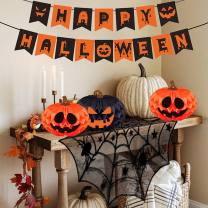 Halloween Party Decorations Indoor Kit with Paper Honeycomb Balls & fans, Fireplace Mantel Scarf, Spiderweb Table Runner, Banner, 48 Pcs Scary Bat Sticker for Halloween Spooky Home Decor