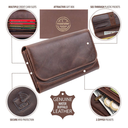 moonster Leather Wallets for Women 8x4 inch Handmade Womens Leather Wallet Brown - Genuine Leather Wallet Women -Ladies Wallets Leather - Women's Wallets - Multi Compartment RFID Wallet for Women