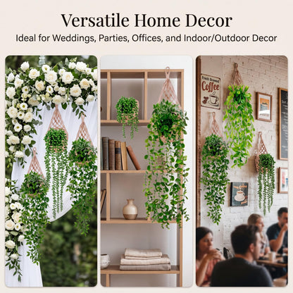 Giegxin 10 Set Fake Hanging Plant with Macrame Basket Summer Mini Artificial Macrame Plant Hanger with Woven Basket and Butterfly Ivy Faux Vines Eucalyptus Leaf for Indoor Home Wall Shelf Decor