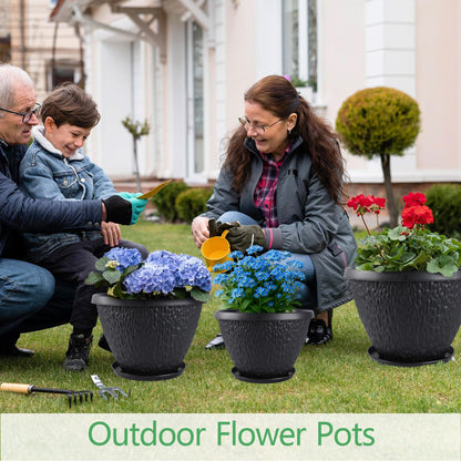 Nooulap 4 Pack 8 inch Plant Pots for Outdoor Indoor, Durable Flower Pots with Drainage, Indoor Outdoor Planters for Herbs Flowers (Black Pebbles Design)
