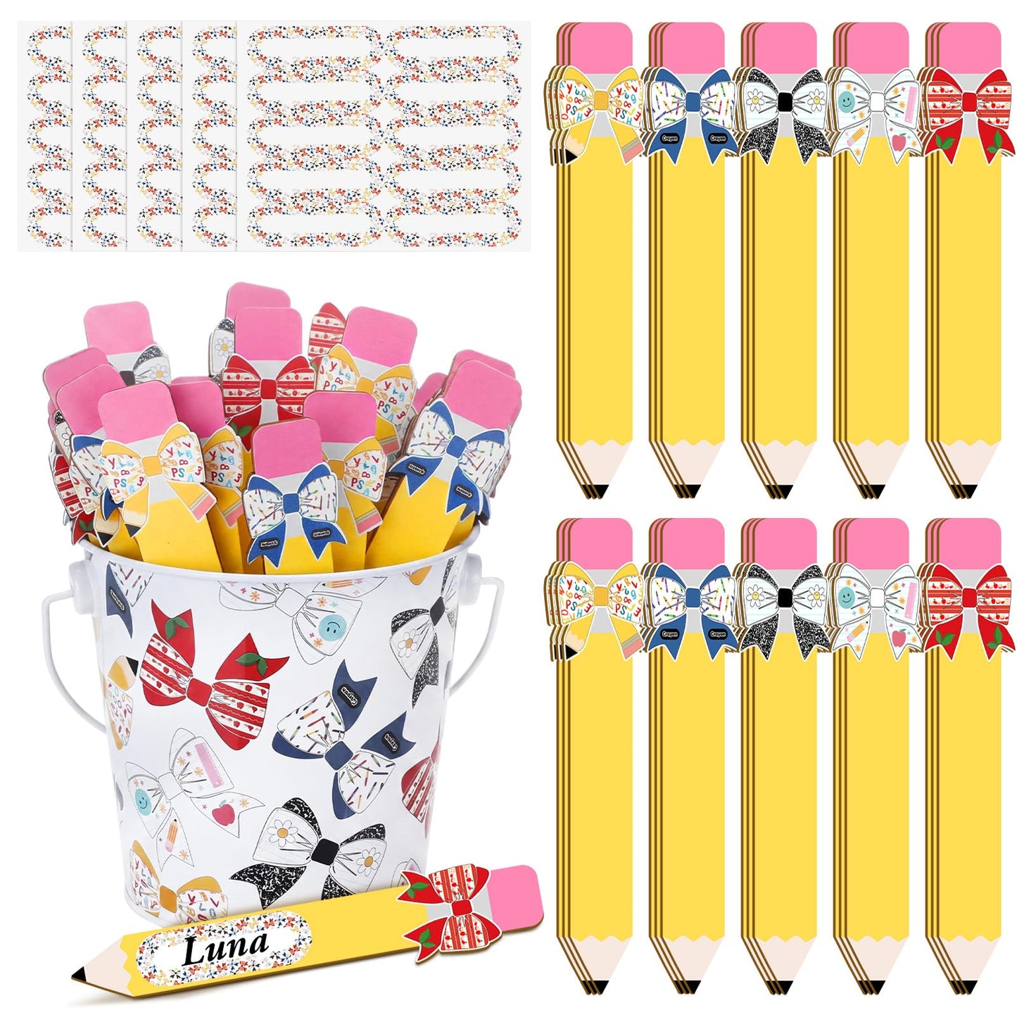 ReliThick 101 Pcs Pencil Bow Flip Name Sticks with Metal Buckets Back to School Talking Sticks with Metal Holder Set for Classroom Management Tool Teacher Essentials Educational Activities