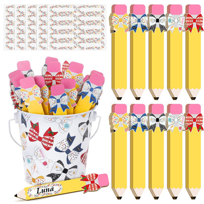 ReliThick 101 Pcs Pencil Bow Flip Name Sticks with Metal Buckets Back to School Talking Sticks with Metal Holder Set for Classroom Management Tool Teacher Essentials Educational Activities