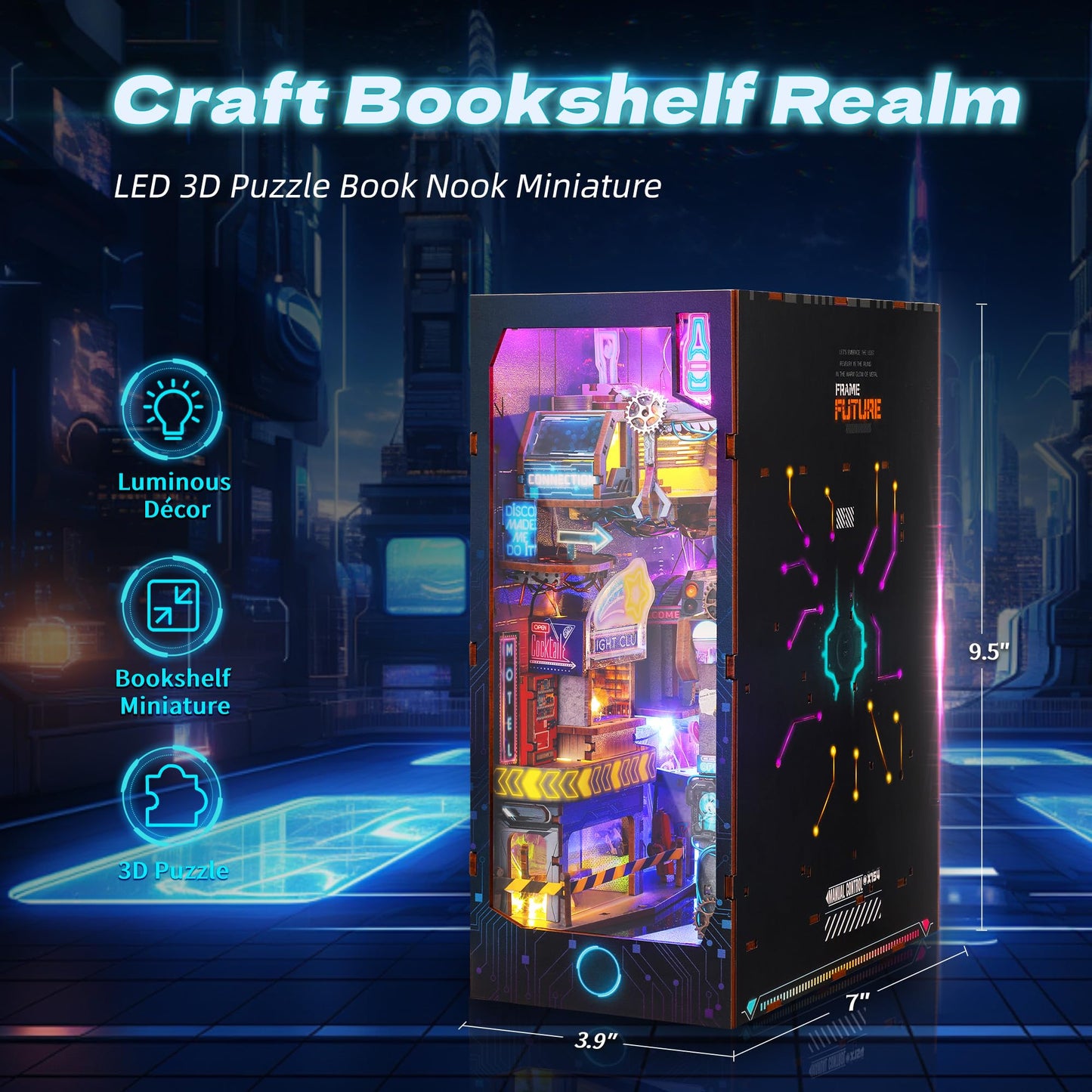 FUNPOLA 3D Wood Puzzle Book Nook Kit, Futuristic Miniature Bookshelf Insert with LED Lights, DIY Cyberpunk Bookend Décor for Display, Unique Craft for Adults and Teens (Endless Dimensions)