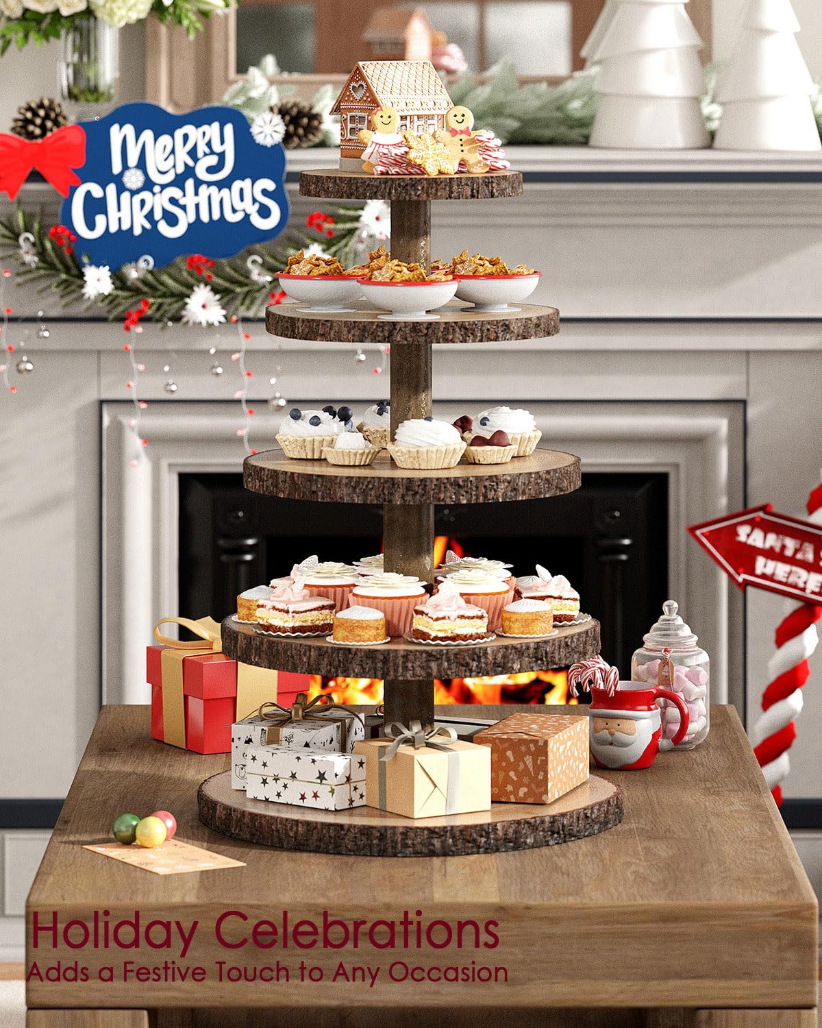 SANYOUNG Wood Cupcake Stand, 5 Tier Wooden Cupcake Tower, Large Rustic Cake Display Holder Stand for Woodland Baby Shower, Wedding, Birthday, Tea Party, Farmhouse Dessert Table Decorations