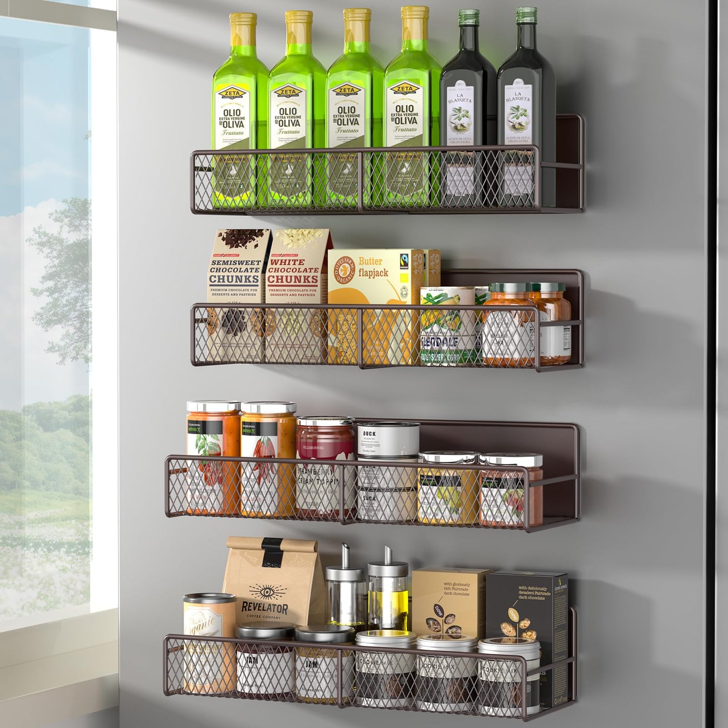 Magnetic Spice Rack for Refrigerator, 6 Pack 100% Metal Strong Magnet Shelf, Space Saving Spice Organizer, Home Kitchen Laundry Room Storage Organization W/ Paper Towel Holder, Utensils Racks (Grey)
