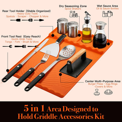 Silicone Grill Mat for Blackstone - BBQ Griddle Tools Side Mat with Drip Pad, Griddle Tools Mat for Outdoor Kitchen Countertop, BBQ Grill Accessories Gifts for Men (Orange)