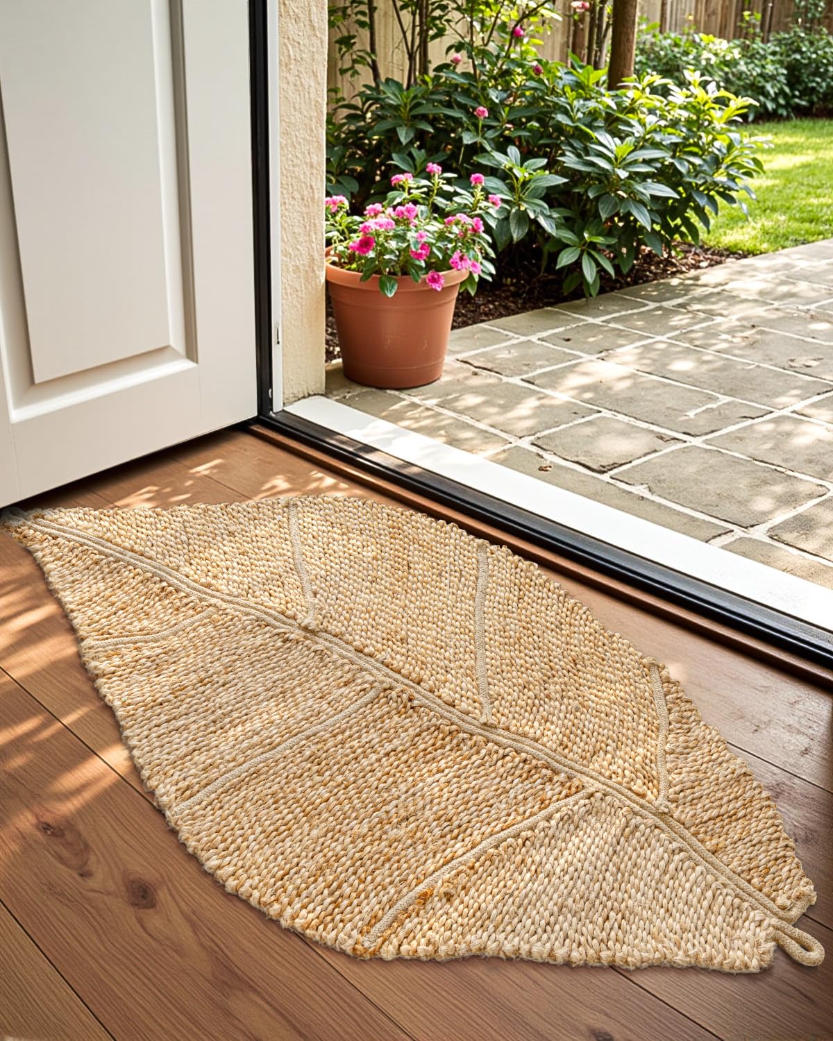 DEXI Jute Door Mat Inside Entryway Braided Woven, 36x24 Front Entrance Doormat Inside Leaf Shaped, Welcome Natural Fiber Entry Mats Farmhouse Home Decor, Beige