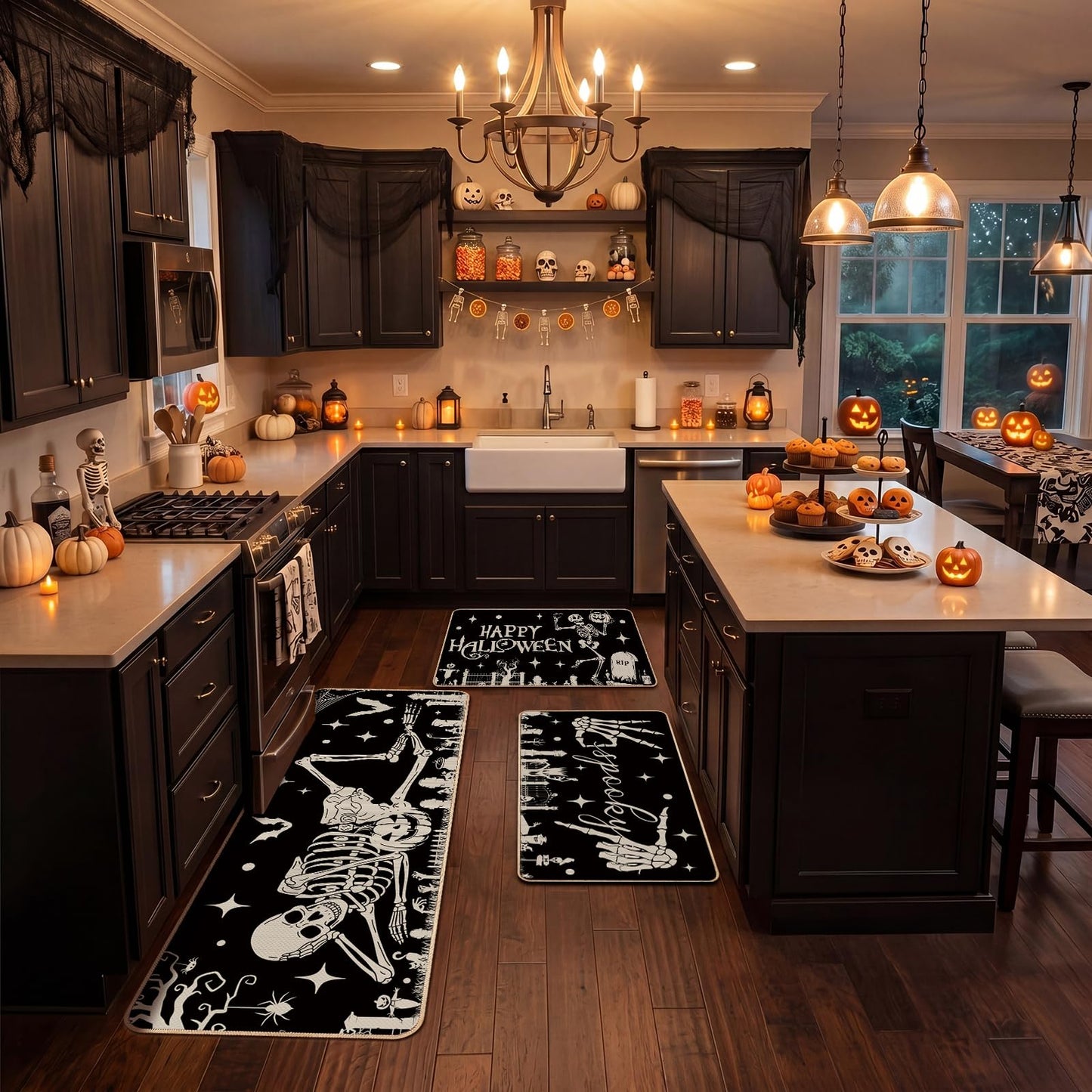 Drydiet 3 Pcs Halloween Kitchen Mats and Rugs Sets Spooky Skeleton Kitchen Floor Door Mat Non Slip Washable Gothic Runner Rug Halloween Decorations for Home Laundry Room Sink Holiday Party Decor