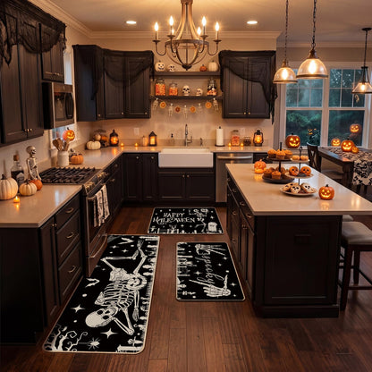Drydiet 3 Pcs Halloween Kitchen Mats and Rugs Sets Spooky Skeleton Kitchen Floor Door Mat Non Slip Washable Gothic Runner Rug Halloween Decorations for Home Laundry Room Sink Holiday Party Decor