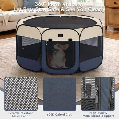 Dog Playpen for Small Dogs & Puppies, 50.39" Portable Indoor Outdoor Puppy Playpen with Bowl, Waterproof Floor, Foldable Pop-Up Pet Pen for Home, Travel & Daily Use, Blue+Beige
