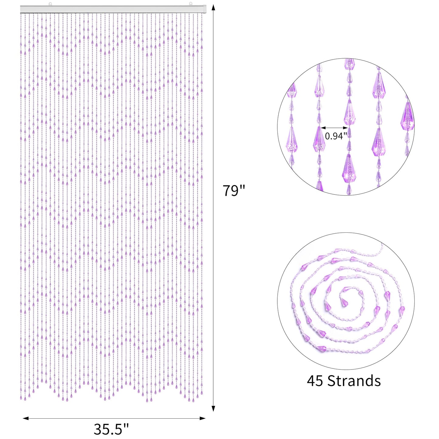 GeeComfy Crystal Beaded Curtain 35.5 x 79 Inches 45 Strands Acrylic Hanging Door Beads String Curtain Room Divider for Doorway Window Living Room Bedroom Decor, Wave Pattern - Pink