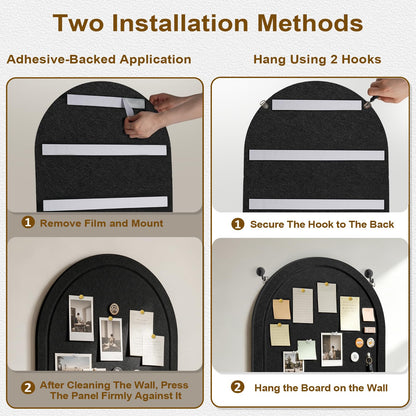 Arched Felt Bulletin Board, Sized 24" x 18" Cork Board Alternative Grooved Edge Foldable for Office & Wall, Customizable Adhesive Tiles with Pins Hooks for Photo Display School Home Office, Black