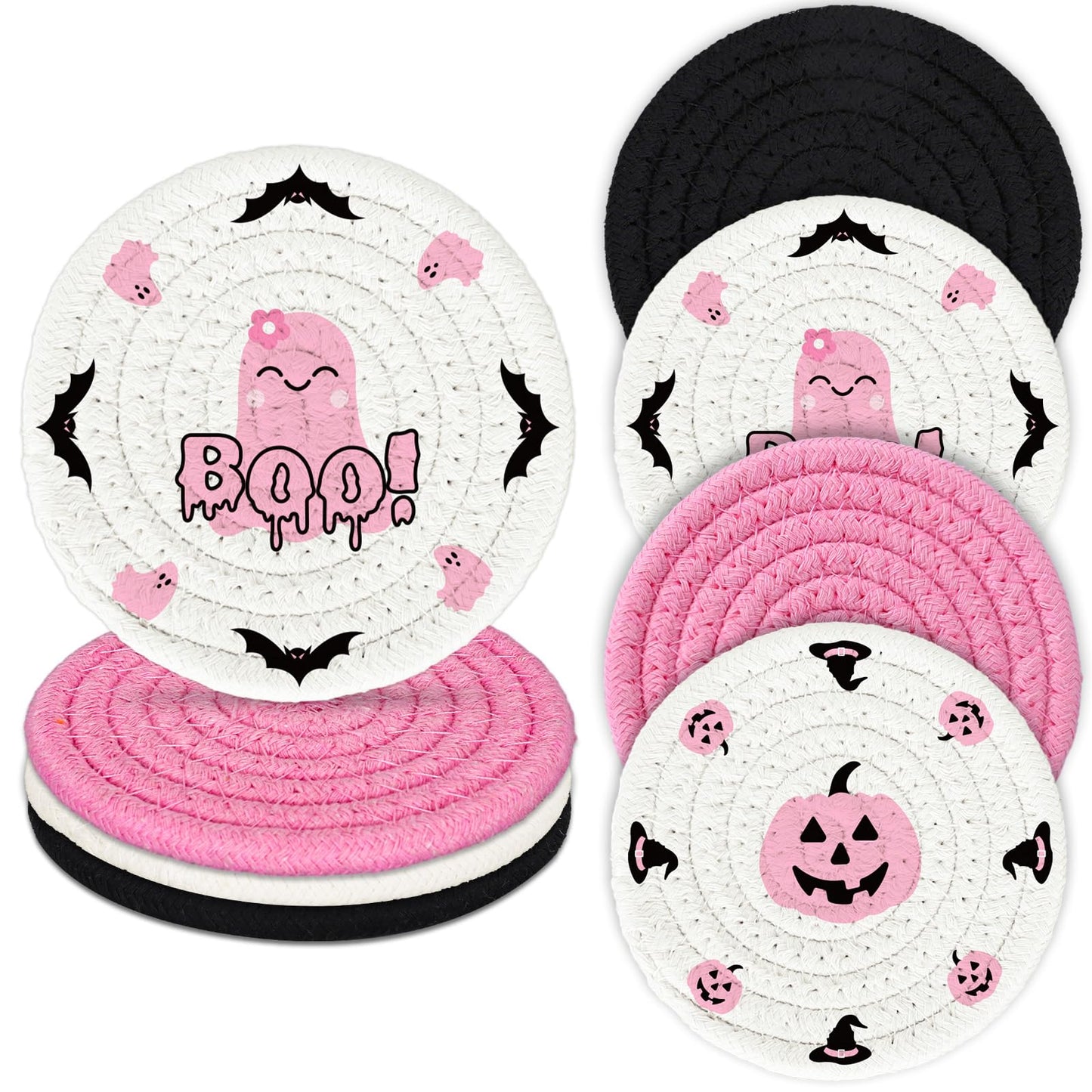 Whaline 4Pcs Halloween Handmade Braided Cotton Coasters Pink Black Pumpkin Ghost Boo Drink Coasters Absorbent Cup Mat for Home Office Party Decor, 4.3 Inch