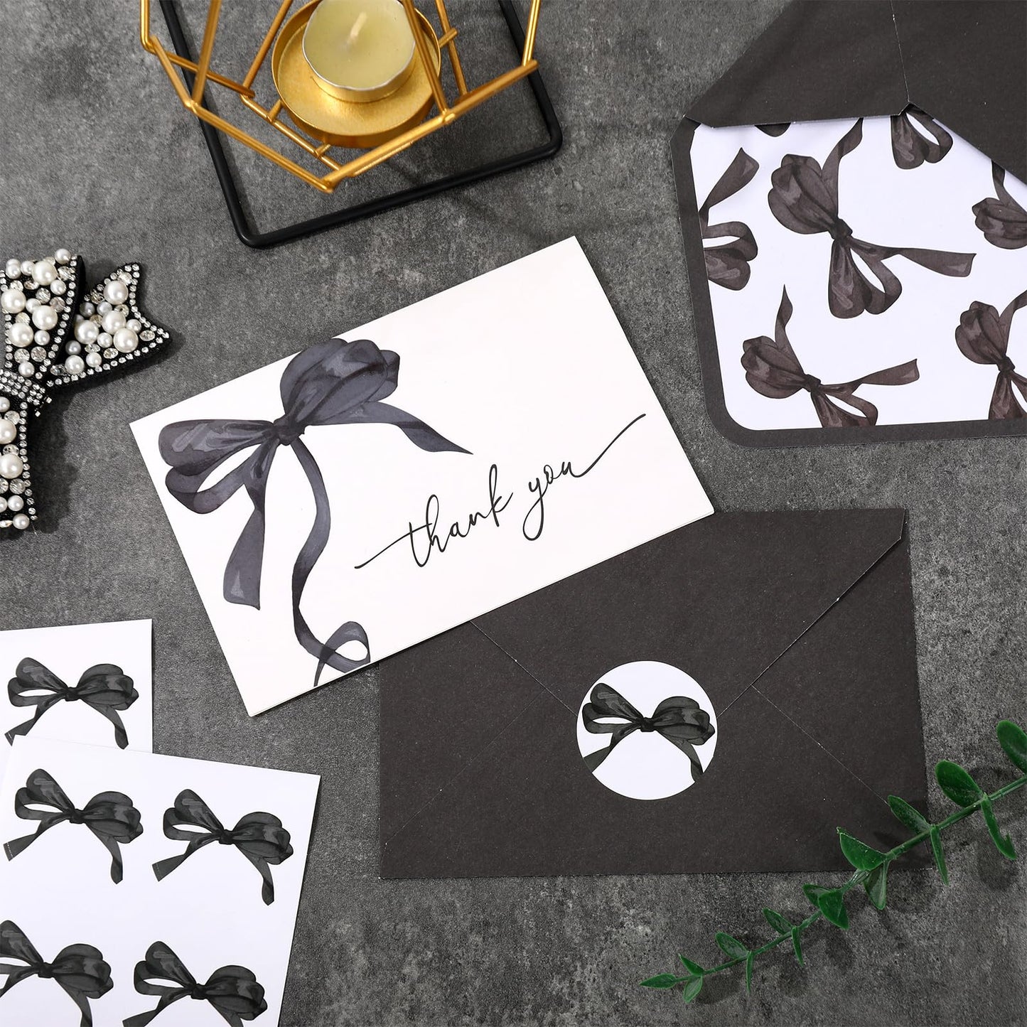 Whaline 24 Pcs Black Bow Thank You Cards with Envelopes and Stickers Watercolor Bow Greeting Cards Black Blank Note Card for Halloween Party Supplies