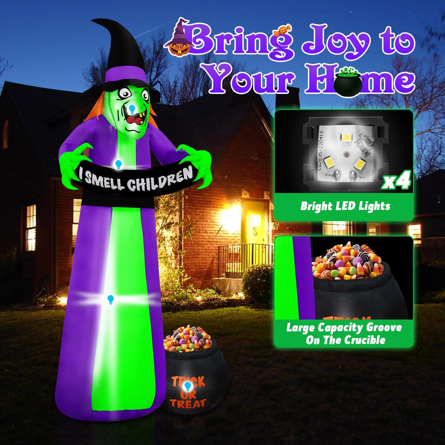 BRDJade 8Ft Halloween Inflatables Witch Outdoor Decorations with Candy Cauldron, Scary Blow Up Witch Holds I Smell Children Banner, Inflatable Halloween Build-in LEDs for Party Yard Lawn Garden Decor
