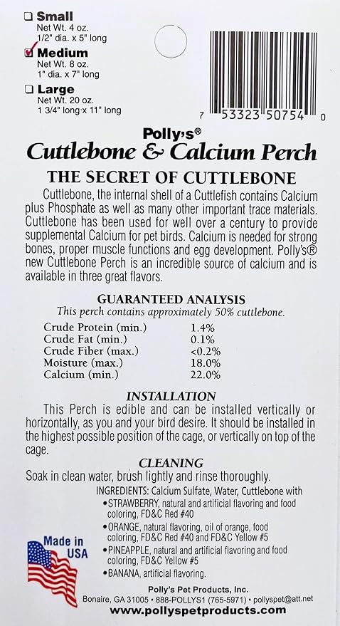Polly's Edible Cuttlebone Calcium Bird Cage Perch for Budgies, Parakeets, Amazons, Blue & Golds, Macaws and Cockatoos.… (Pineapple, Medium)