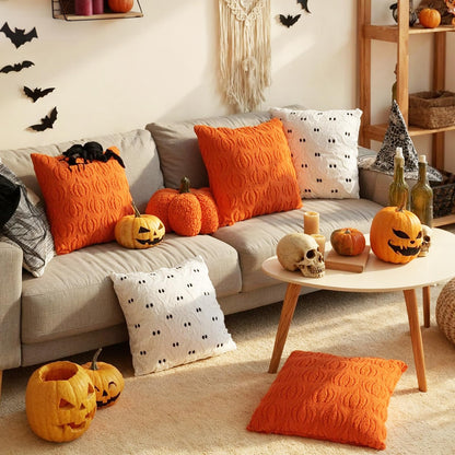 Tegeme 4 Pcs Halloween Pillow Covers 18x18 Inch White Ghost Throw Pumpkin Fall Decorative Fluffy Plush Accent Pillow Cases for Chair Sofa Bedroom Living Room Home Decor