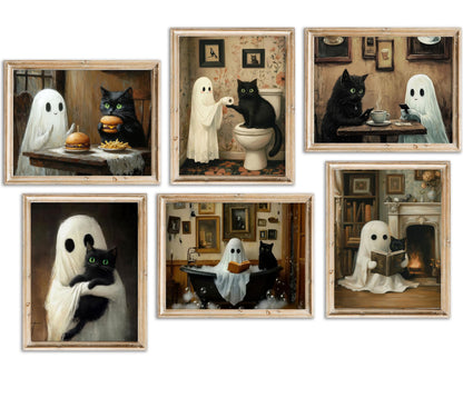 6Pcs Halloween Ghosts Wall Art Ghost Black Cat Funny Gothic Wall Decor Pictures Retro Horror Creepy Dark Academia Poster Prints for Bedroom Gallery Bar Home Decoration 8x10in Unframed